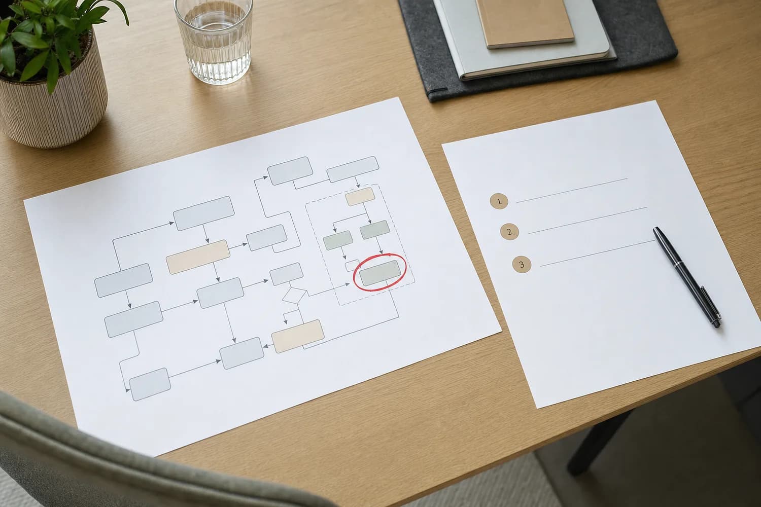 Uitgeprint processchema met een rood omcirkeld knelpunt naast een genummerde actielijst